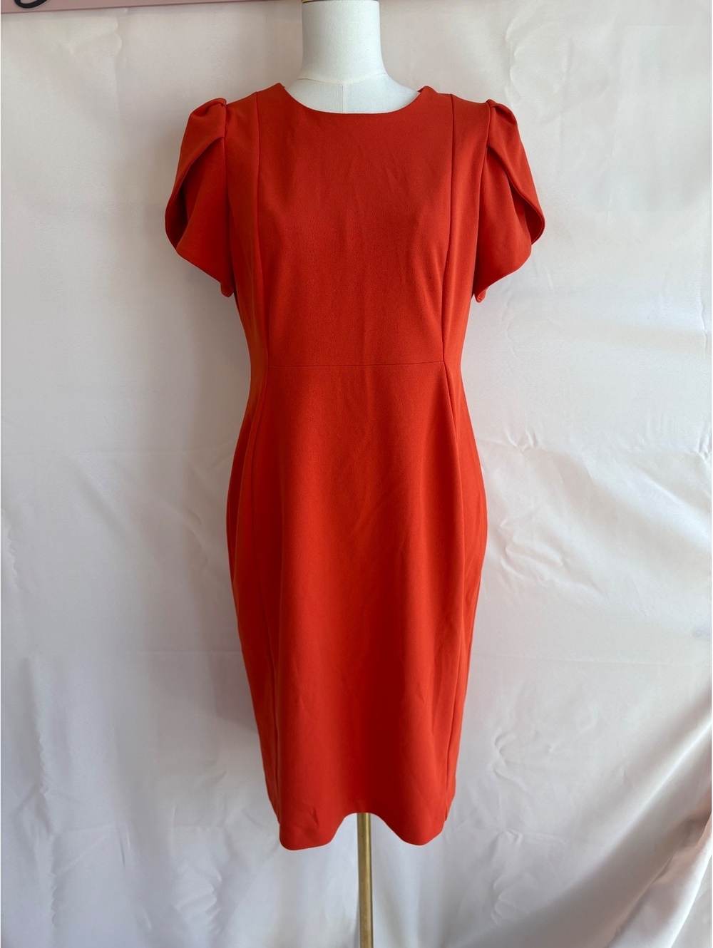 Calvin Klein Women's Orange Dress with Puff Sleeves and Back Zipper